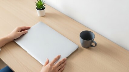 A close lap top with an empty cup of tea on a wooden surface 