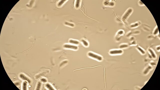 Microscopic view of rodshaped bacteria moving and multiplying in a liquid medium.