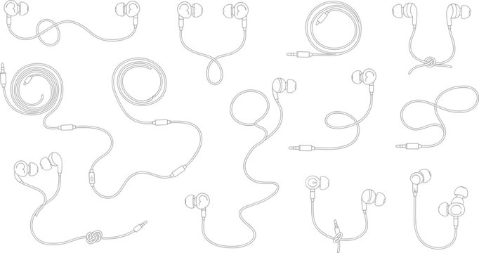 Earphones and wired headphones icons set with tangled and organized cable variations for audio technology design
