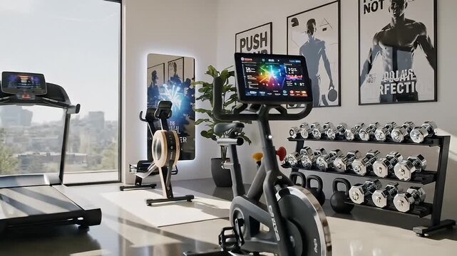 Modern Home Gym with Peloton Bike Treadmill and Free Weights for a Comprehensive Workout.