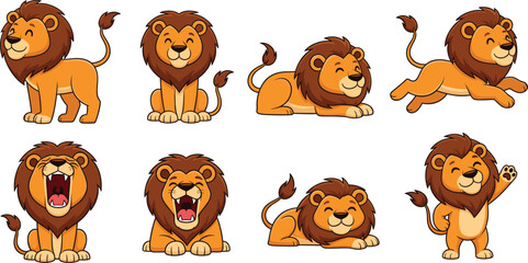 Set of cute cartoon lion characters in various poses including sitting, running, roaring, and waving, isolated on white background for children's books and mascot design. © MdGohurul