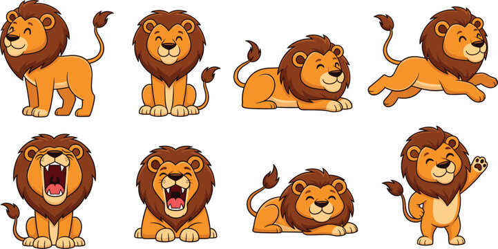 Set of cute cartoon lion characters in various poses including sitting, running, roaring, and waving, isolated on white background for children's books and mascot design.