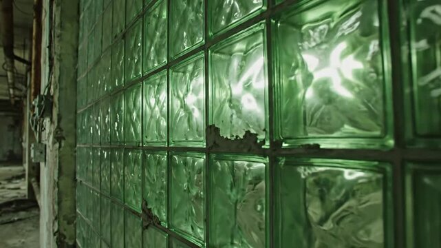 Textured green glass block wall in abandoned industrial building with crumbling paint for forgotten urban decay concept and mysterious atmosphere