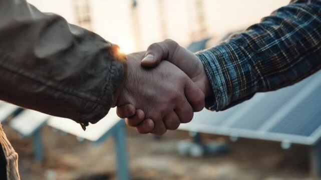 Handshake Deal: Two individuals seal an agreement with a firm handshake, framed against a backdrop of solar panels bathed in the soft glow of the sun.