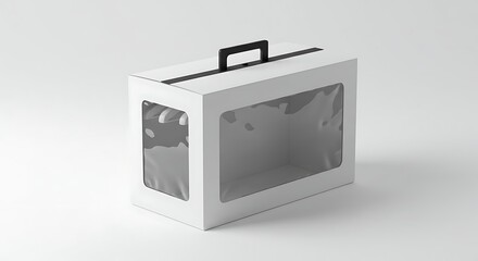 White cardboard box with transparent windows and black handle against a light gray background