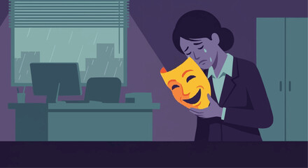 Sad office woman holding a happy mask face to hide depression and stress.