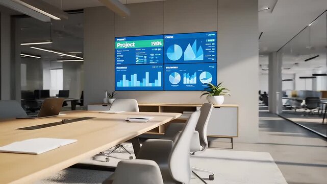 Modern Office Meeting Room with Large Screen Displaying Business Data and Analytics.