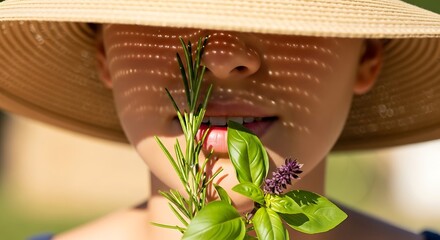 A women wear hat smell beautiful lavender flowers her eyes are hidden in the hat 