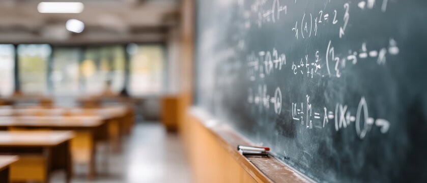 The Classroom equation: close-up shot of the chalkboard with a complex mathematical equation written on it, suggesting rigorous learning in the room 