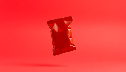 Blank Red Foil Tomato Ketchup Sauce Sachet Package Float Red Background