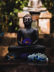 A serene Buddha statue holding a vibrant purple lotus, surrounded by scattered flowers in a tranquil garden setting.