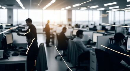 Fototapeta premium Blurred modern office with people working on computers and dynamic light trails