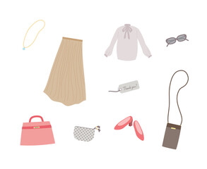 レディースファッションアイテムのイラストセット