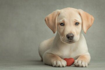 Labrador Retriever Puppy and Valentine. Cute dog and Red Heart. Valentine's day card. Love concept. Romantic banner, copy space	