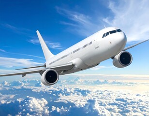 Obraz premium White passenger jet soaring through a bright blue sky with fluffy white clouds, at altitude