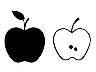 Fototapeta premium Simple silhouette and outline of an apple with a leaf