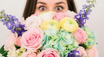 woman with bouquet of tulips show only her eyes isolated on solid and simple background