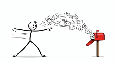 Stick figure character throwing multiple CV letters into a red mailbox, symbolizing job applications and career opportunities