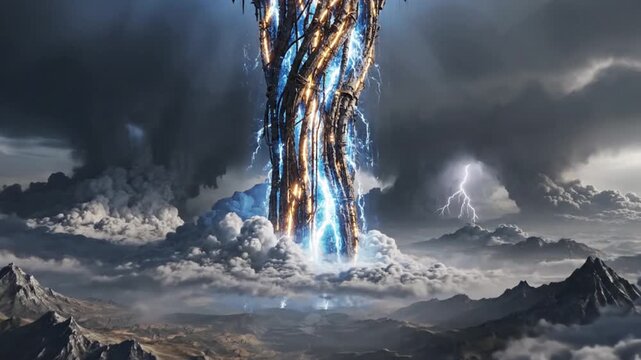 Mystical Energy Column Piercing Through Stormy Clouds and Mountainous Landscape.