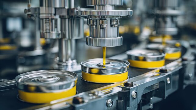 Automated machines filling fish cans with oil or brine liquid on blurred background