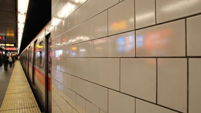 Close-up of a subway train stopped at a station with white tiled walls and a yellow platform, reflecting lights and colors.