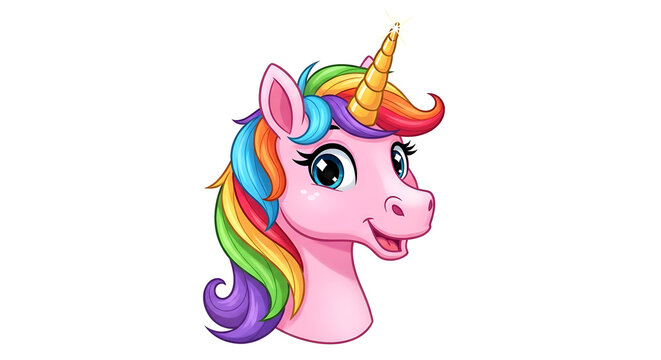 Whimsical cartoon unicorn head profile with colorful mane and horn illustration