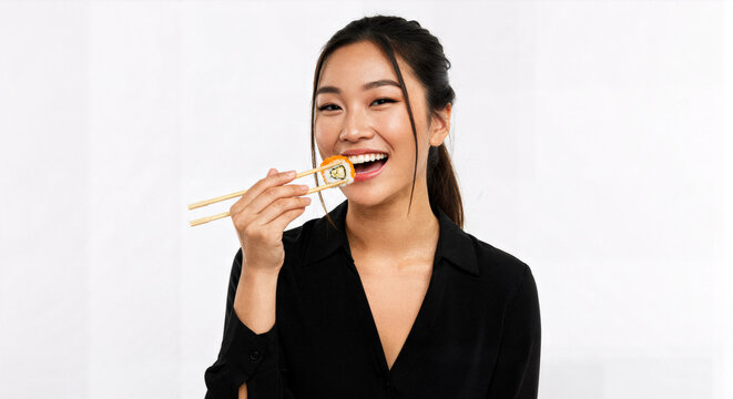 Mulher Sorridente Saboreando Sushi Oriental