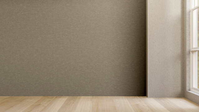 Empty loft cement wall room with square pillar on wooden parquet floor and sunlight through a window