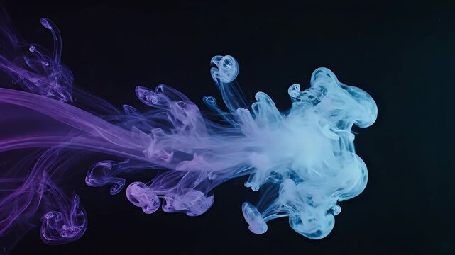 Abstract Swirling Purple And Blue Ink Cloud Underwater Slow Motion Against Dark Background