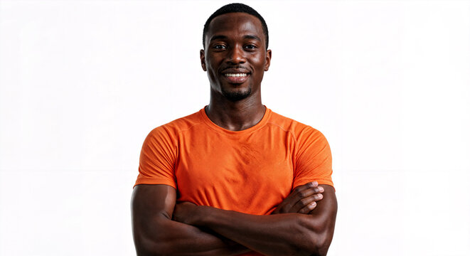 Homem Sorrindo Camiseta Laranja Bra&ccedil;os Cruzados Fundo Branco