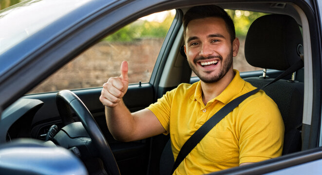 Motorista feliz mostrando sinal de positivo dentro do carro