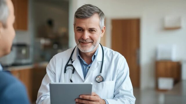 Smiling middle aged doctor with tablet consulting patient clinic empathetic professional male