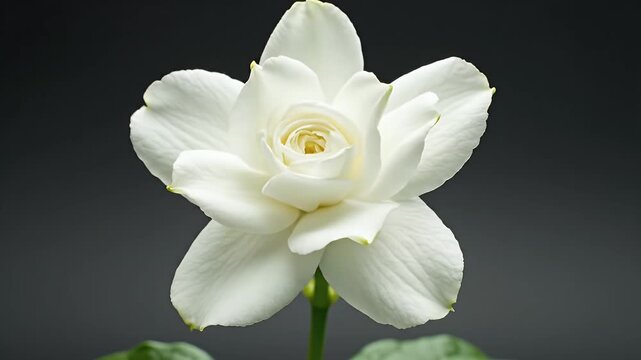 Close Up Of A Beautiful White Gardenia Flower Bud Opening Revealing Delicate Petals Against A Dark Gray Background With