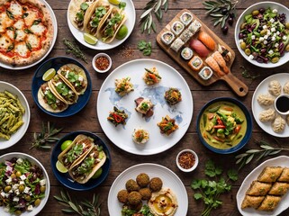 Flat lay of wooden table featuring diverse international dishes with pizza sushi tacos and dumplings