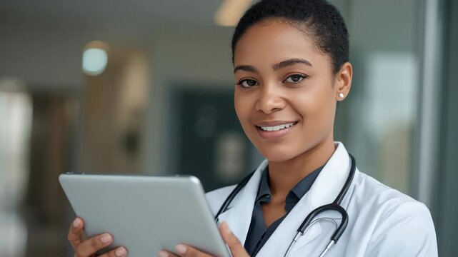 Young female doctor smiling with tablet and stethoscope hospital corridor confident medical