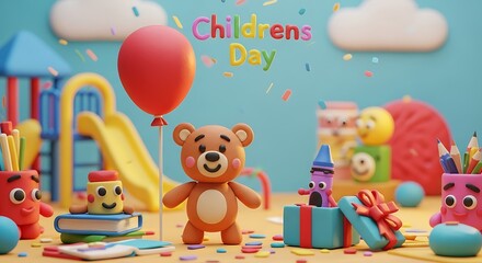 Obraz premium Joyful Childhood Celebration with Whimsical Characters and Playful Elements, Capturing the Spirit of Fun and Happiness on a Special Day