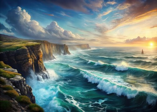 A majestic cliffside panorama unfolds against a swirling expanse of ocean hues and foamy whitecaps