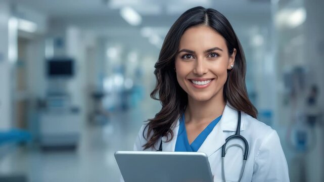 Smiling female doctor hospital corridor holding tablet, confident caring medical professional with