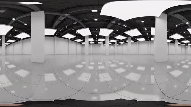 360 VR equirectangular projection of an empty exhibition hall with white walls and columns black ceiling and reflective floor ideal for virtual events and product showcases.