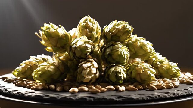 Fresh Green Hops and Golden Barley Grains Arranged on Dark Slate with Dramatic Lighting