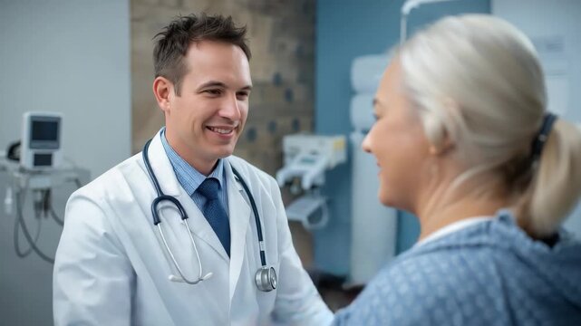 Young doctor comforting and reassuring senior female patient during clinic examination consultation