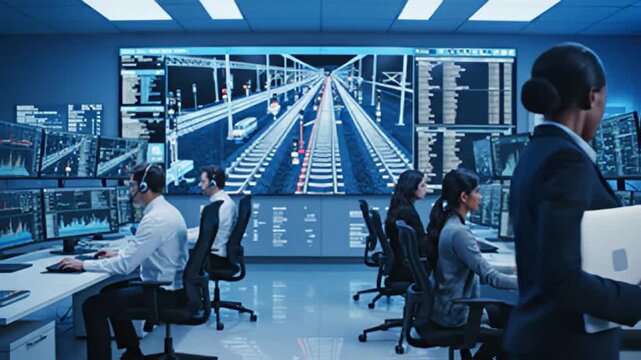 Control room operators monitoring data on large display screens