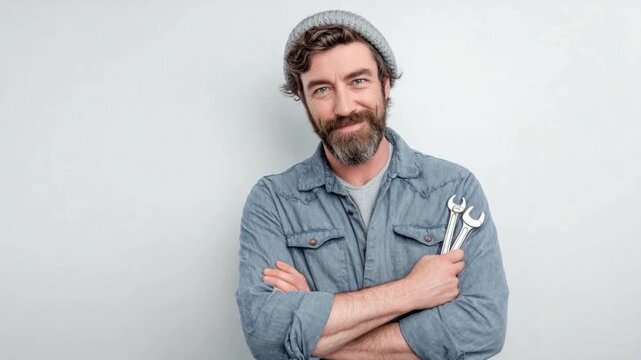 Handyman with Confidence: A skilled and self-assured handyman, arms crossed confidently, holding a set of wrenches. His expertise and readiness for any task are reflected in his expression. 
