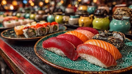 Delectable sushi arrangement on plates with blurred background of decor