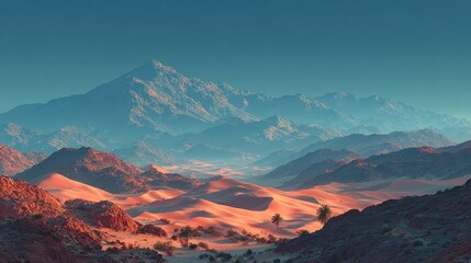 Sunrise over a majestic mountain range in a desert landscape, a stunning panoramic view