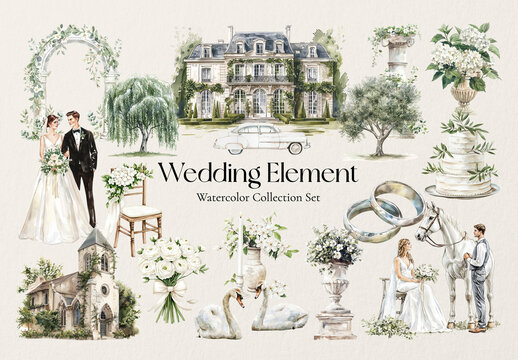 Elegant Watercolor Wedding Element Set