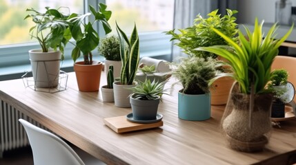 Fototapeta premium Greenery transforms this bright, modern space into a tranquil, living environment.