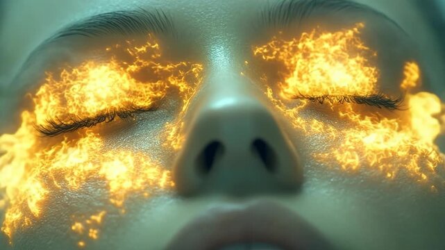 A close-up of a face with eyes consumed by fire. The skin is pale