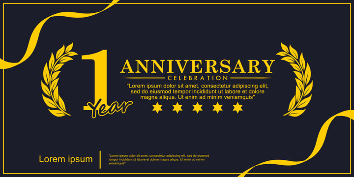 1st year anniversary celebration emblem. yellow anniversary award logo isolated with laurel wreath and ribbon on black background. vector illustration template design for web banner
