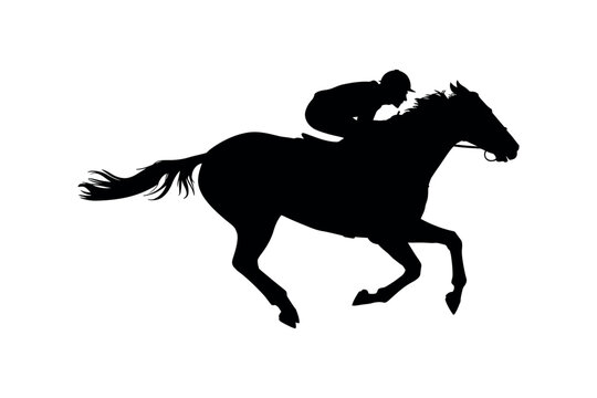 Dynamic Jockey and Galloping Horse Silhouette featuring a powerful racing pose captured in a sleek black vector for equestrian sports and derby branding.